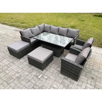 Fimous Outdoor Garden Furniture Set Wicker PE Rattan Height Adjustable Rising Lifting Table Sofa Dining Set with 2 Big Footstool 2 Armchairs