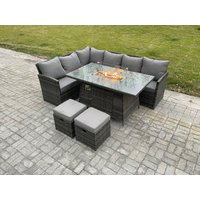 Fimous Rattan Garden Furniture High Back Corner Sofa Gas Fire Pit Dining Table Sets Gas Heater with 2 Small Footstools 8 Seater in Dark Grey