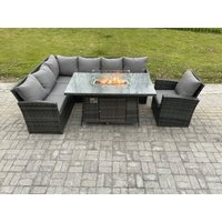 Fimous Rattan Garden Furniture High Back Corner Sofa Gas Fire Pit Dining Table Sets Gas Heater with Armchair 7 Seater in Dark Grey