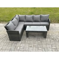 Fimous 6 Seater Outdoor Rattan Garden Furniture Set Corner Sofa Oblong Coffee Table Sets Dark Grey Mixed