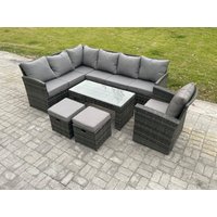 Fimous 9 Seater Outdoor Rattan Garden Furniture Set Corner Sofa Oblong Coffee Table Sets with Patio 2 Small Footstools Armchair Dark Grey Mixed