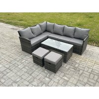 Fimous 8 Seater Outdoor Rattan Garden Furniture Set Corner Sofa Oblong Coffee Table Sets with Patio 2 Small Footstools Dark Grey Mixed