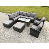 Fimous Rattan Garden Furniture Sets High Back Corner Sofa Oblong Coffee Table Set with 2 Big Footstool 2 Armchairs Dark Grey Mixed