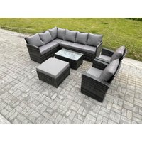 Fimous 9 Seater Rattan Garden Furniture Sets High Back Corner Sofa Rectangular Coffee Table Set with Big Footstool 2 Armchairs Dark Grey Mixed