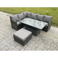 Fimous 7 Seater Rattan Garden Furniture Sets High Back Corner Sofa Height Adjustable Rising Lifting Table Set with Big Footstool Dark Grey Mixed