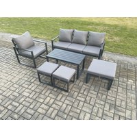 Fimous Aluminium Outdoor Garden Furniture Set Patio Lounge Sofa with Oblong Coffee Table 3 Footstools Armchair Dark Grey