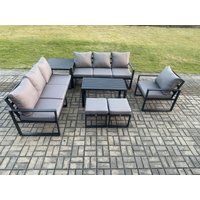 Fimous Aluminium 9 Seater Garden Furniture Outdoor Patio Sofa Set with Rectangular Coffee Table Armchair 2 Small Footstool Side Table in Dark Grey