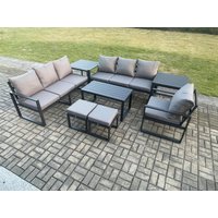 Fimous Aluminium 9 Seater Garden Furniture Outdoor Patio Sofa Set with Rectangular Coffee Table Armchair 2 Small Footstool 2 Side Tables in Dark Grey