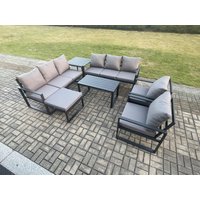 Fimous Aluminium Outdoor Garden Furniture Set 9 Seater Garden Sofa with Oblong Coffee Table Big Footstool Side Table Dark Grey