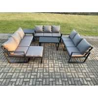 Fimous Aluminium 10 Seater Outdoor Garden Furniture Set Lounge Sofa Oblong Coffee Table Big Footstool Side Table Sets in Dark Grey