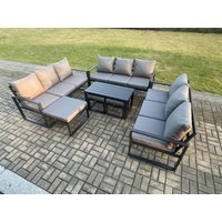 Fimous Aluminium Outdoor Garden Furniture Set Lounge Sofa Oblong Coffee Table 3 Footstools Sets with Cushions Dark Grey 12 Seater