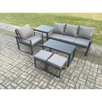 Fimous Aluminium 6 Pieces Garden Furniture Sofa Set with Cushions 6 Seater Outdoor Patio Set with Armchair 2 Small Footstools Side Table in Dark Grey