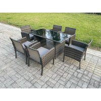 Fimous Wicker PE Outdoor Rattan Garden Furniture Arm Chair & Table Dining Sets 6 Seater Rectangular Table Dark Grey Mixed