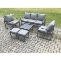 Fimous Aluminium 7 Seater Outdoor Lounge Sofa Set Garden Furniture Sets with Square Coffee Table 2 Chairs 2 Small Footstools Dark Grey
