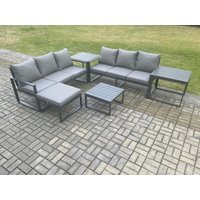 Fimous Aluminium 6 Pieces Garden Furniture Sofa Set with Cushions 7 Seater Outdoor Patio Set with Square Coffee Table Big Footstool in Dark Grey