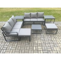 Fimous Aluminium 8 Seater Outdoor Garden Furniture Lounge Sofa Set with Square Coffee Table 2 Side Tables 2 Big Footstools Dark Grey