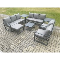 Fimous Aluminium Patio Outdoor Garden Furniture Lounge Sofa Set with Square Coffee Table 2 Chairs Big Footstool 2 Side Tables Dark Grey