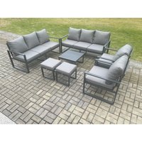 Fimous Aluminium Patio Outdoor Garden Furniture Lounge Sofa Set with Square Coffee Table 2 Chairs 2 Small Footstool Dark Grey