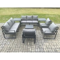 Fimous Aluminium Outdoor Garden Furniture Set Patio Lounge Sofa with Square Coffee Table 3 Armchairs 2 Side Tables Dark Grey