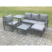 Fimous Aluminium Outdoor Garden Furniture Set Lounge Sofa Chairs Square Coffee Table Sets with Side Table Big Footstool Conservatory Set in Dark Grey