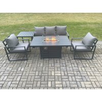 Fimous Aluminium Outdoor Garden Furniture Set Gas Fire Pit Dining Table Set Gas Heater Burner with 2 Arm Chair Side Table Dark Grey 5 Seater