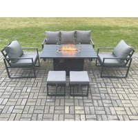 Fimous Aluminium Outdoor Garden Furniture Set Gas Fire Pit Dining Table Set Gas Heater Burner with 2 Arm Chair Small Footstools Dark Grey