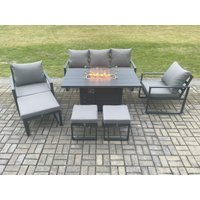 Fimous Aluminium Patio Outdoor Garden Furniture Lounge Sofa Set Gas Fire Pit Dining Table with 3 Footstools Dark Grey