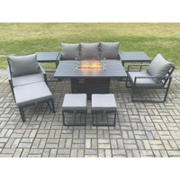 Fimous Aluminium Patio Outdoor Garden Furniture Lounge Sofa Set Gas Fire Pit Dining Table with 2 Side Tables 3 Footstools Dark Grey