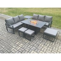 Fimous Aluminium Outdoor Lounge Sofa Garden Furniture Sets Gas Fire Pit Dining Table Set with 3 Footstools Side Table Dark Grey