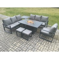 Fimous Aluminium 7 Pieces Garden Furniture Sofa Set with Cushions 9 Seater Gas Fire Pit Dining Table Set with Side Table 2 Small Footstools