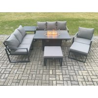 Fimous Aluminium 7 Pieces Garden Furniture Sofa Set with Cushions 9 Seater Gas Fire Pit Dining Table Set with Side Table 2 Big Footstools in Dark Grey