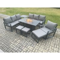 Fimous Aluminium 8 Pieces Garden Furniture Sofa Set with Cushions 10 Seater Gas Fire Pit Dining Table Set with Side Table 3 Footstools in Dark Grey