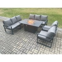 Fimous Aluminium 5 Pieces Garden Furniture Sofa Set with Cushions 8 Seater Gas Fire Pit Dining Table Set Dark Grey