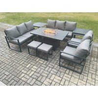 Fimous Aluminium Outdoor Garden Furniture Set Patio Lounge Sofa Gas Fire Pit Dining Table Set with 2 Small Footstools 2 Side Tables in Dark Grey