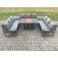 Fimous Aluminium 9 Seater Garden Furniture Outdoor Set Patio Lounge Sofa Gas Fire Pit Dining Table Set with 2 Side Tables Dark Grey