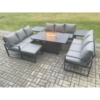 Fimous Aluminium 10 Seater Garden Furniture Outdoor Set Patio Lounge Sofa Gas Fire Pit Dining Table Set with Big Footstool 2 Side Tables in Dark Grey