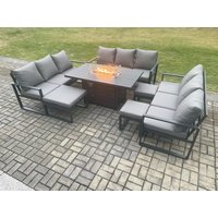 Fimous Aluminium Garden Furniture Outdoor Set Patio Lounge Sofa Gas Fire Pit Dining Table Set with 3 Footstools Dark Grey