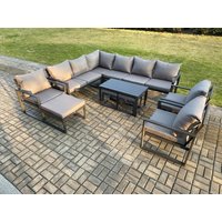 Fimous Aluminum 12 Seater Outdoor Lounge Corner Sofa Set Garden Furniture Sets with Oblong Coffee Table 3 Chairs 3 Footstools Dark Grey