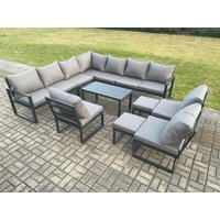 Fimous Aluminium Outdoor Garden Furniture Set Patio Lounge Sofa with Oblong Coffee Table 2 Small Footstools Dark Grey