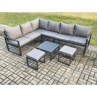 Fimous 8 Seater Aluminium Garden Furniture Set Outdoor Lounge Corner Sofa Square Coffee Table Sets with 2 Small Footstools Dark Grey
