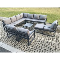 Fimous Outdoor Garden Furniture Patio Lounge Corner Sofa Aluminium Set with Square Coffee Table Big Footstool 3 Chair Dark Grey