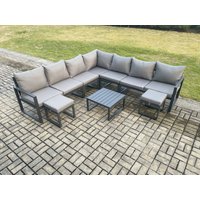 Fimous Outdoor Garden Furniture Patio Lounge Corner Sofa Aluminium Set with Square Coffee Table 2 Small Footstools Dark Grey
