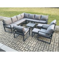 Fimous Aluminium Outdoor Garden Furniture Set Lounge Corner Sofa 3 Pcs Chair Square Coffee Table Sets with 2 Small Footstools Dark Grey