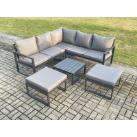 Fimous Outdoor Garden Furniture Set Aluminium Lounge Sofa Square Coffee Table Sets with 2 Big Footstool Dark Grey