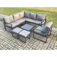 Fimous Outdoor Garden Furniture Set Aluminium Lounge Sofa Square Coffee Table Sets with Chair 2 Small Footstools Indoor Conservatory Set in Dark Grey