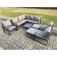Fimous 10 Seater Outdoor Aluminium Garden Furniture Set Corner Lounge Sofa Set with Square Coffee Table Chair 2 Big Footstools Dark Grey