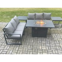 Fimous Aluminium 6 Seater Outdoor Garden Furniture Lounge Sofa Set Gas Fire Pit Dining Table with 2 Side Tables in Dark Grey