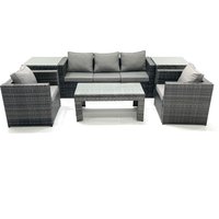 Fimous Rattan Garden Furniture Set Outdoor Lounger Sofa with Coffee Table 2 Armchair 2 Side Tables Dark Grey Mixed