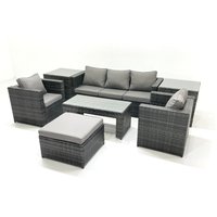 Fimous Rattan Garden Furniture Set Outdoor Lounger Sofa with Coffee Table 2 Armchair Big Footstool 2 Side Tables Dark Grey Mixed