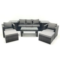 Fimous 7 Seater Rattan Garden Furniture Set Outdoor Lounger Sofa with Coffee Table 2 Armchair 2 Big Footstools 2 Side Tables Dark Grey Mixed
